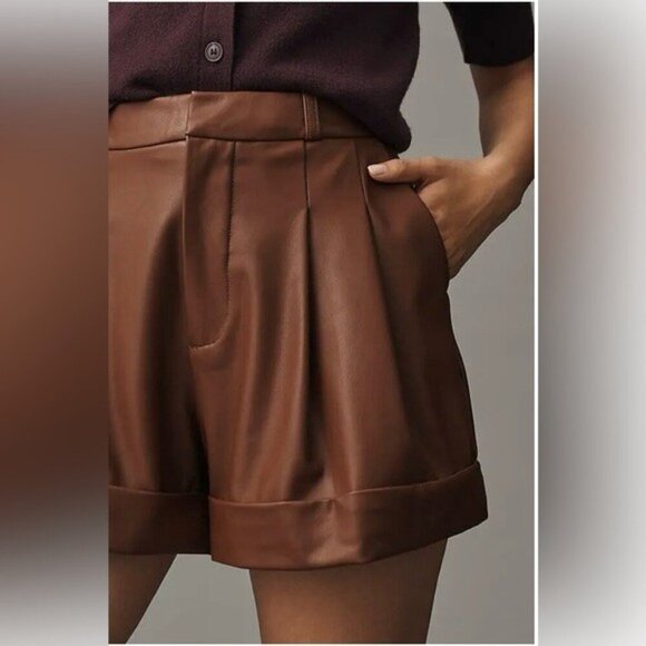 NWT Size 8 - Anthropologie Faux Leather Cuffed Shorts in Brown - Picture 5 of 16